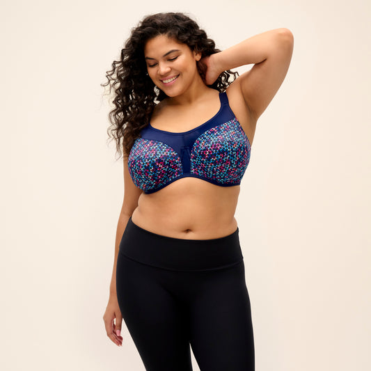 Energise UW Sports Bra with J Hook in Navy Geo, front